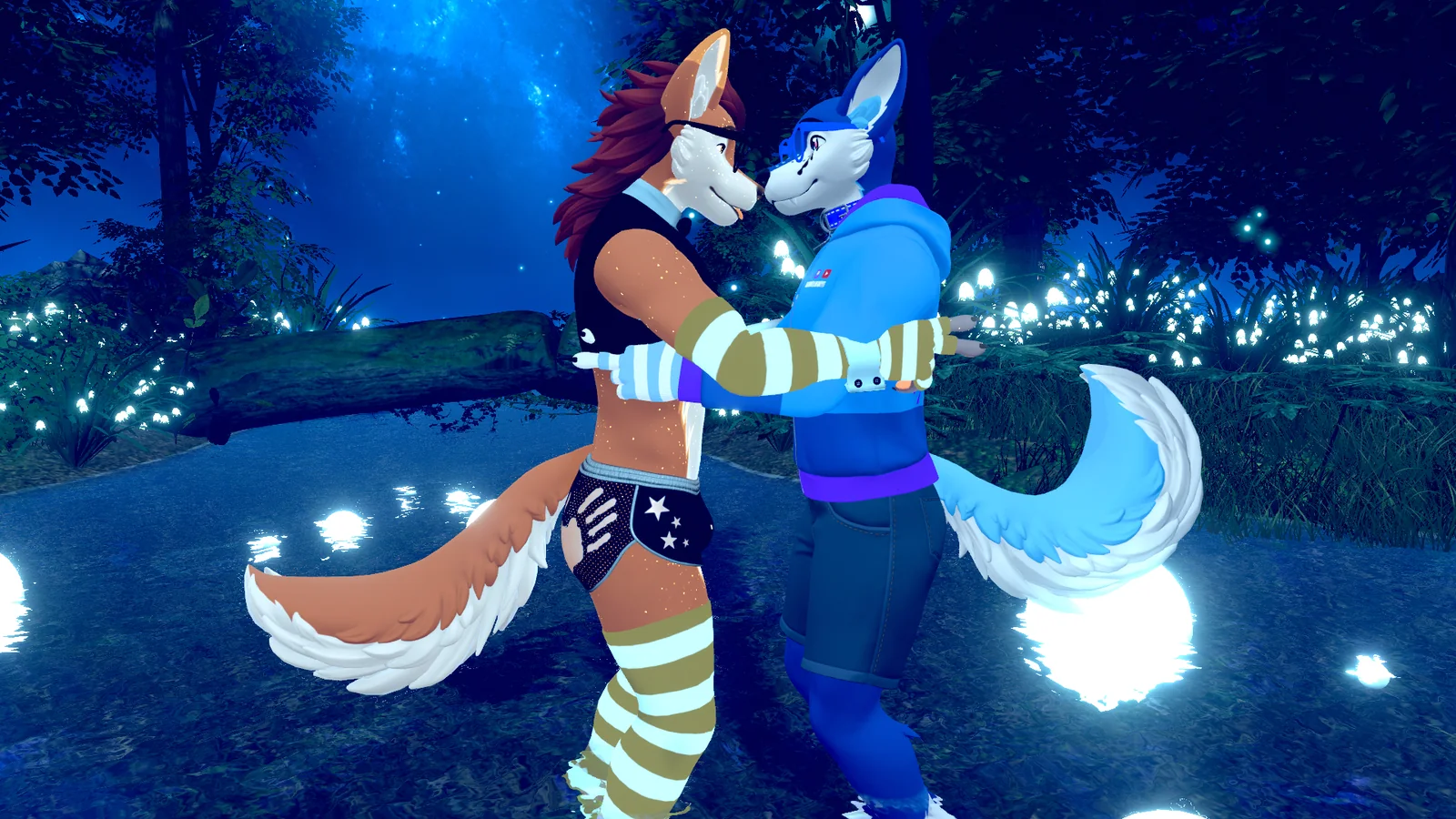 Partners MarshmelloFoxyYT and Sammy The Femboy Puppy embracing in a glowing blue VRChat forest.