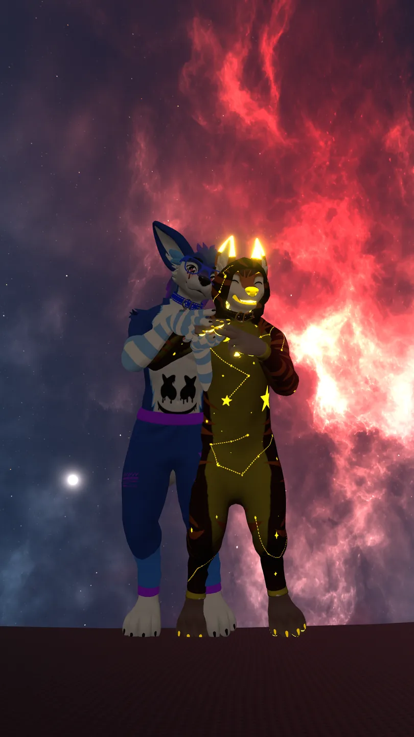 MarshmelloFoxyYT and partner Sammy The Femboy Puppy together beneath a red nebula sky in VRChat.
