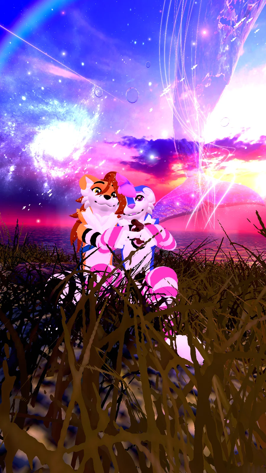 Partners MarshmelloFoxyYT and Sammy The Femboy Puppy sitting together beside a vivid neon VRChat coastline.