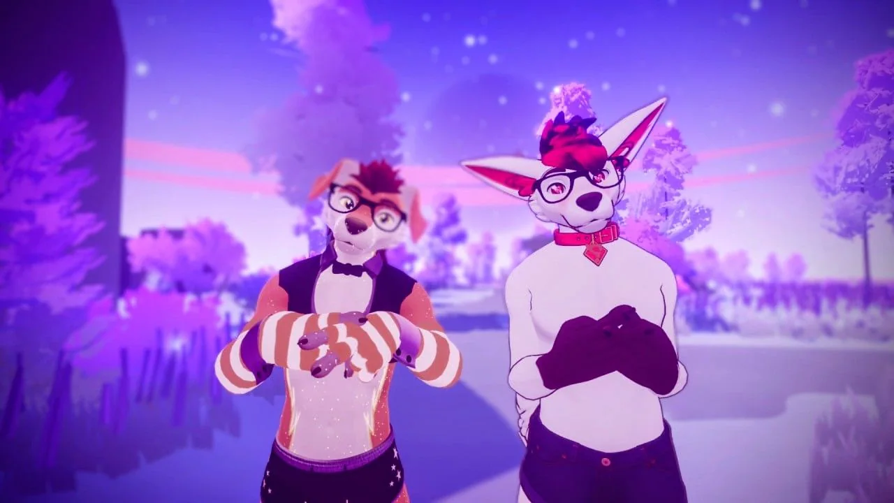 Partners MarshmelloFoxyYT and Sammy The Femboy Puppy standing together in a softly lit purple VRChat world.