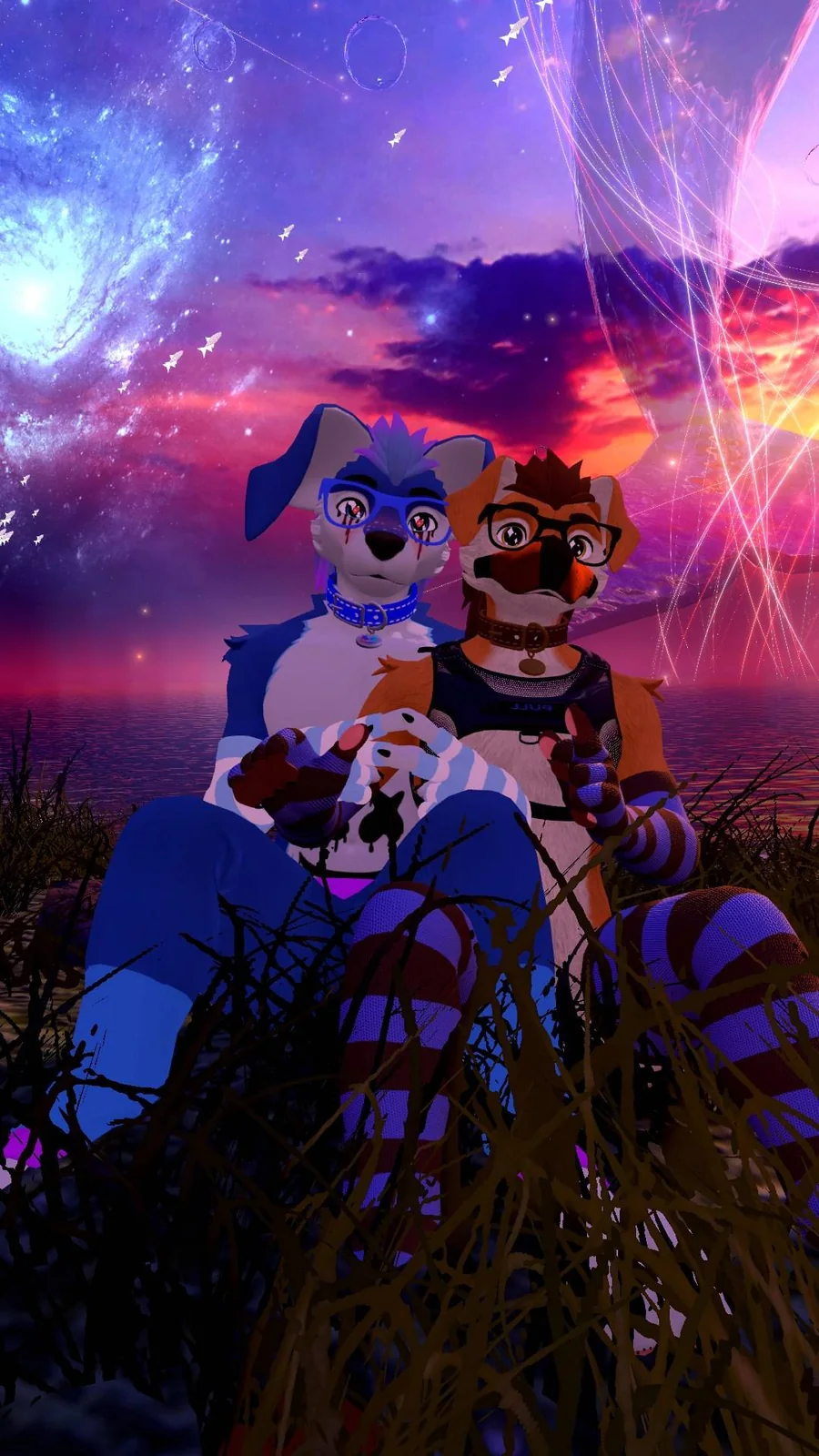 MarshmelloFoxyYT and partner Sammy The Femboy Puppy posing together beneath a colorful VRChat sunset.